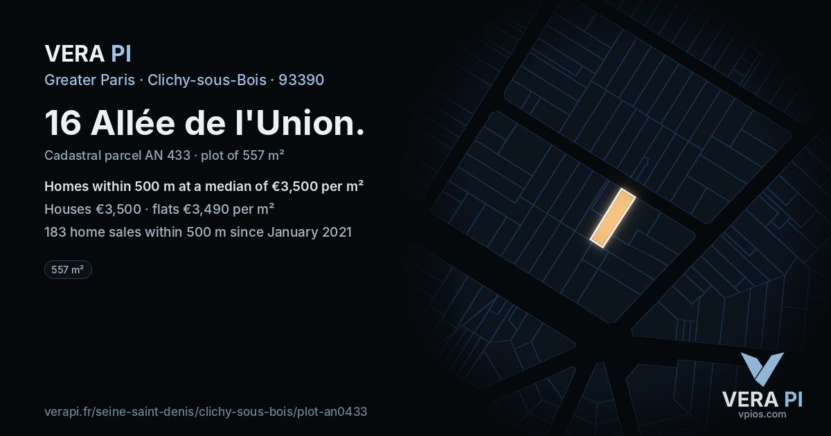 16 Allée de l'Union, Clichy-sous-Bois at night – the plot lit, the parcels around coloured by the prices near them