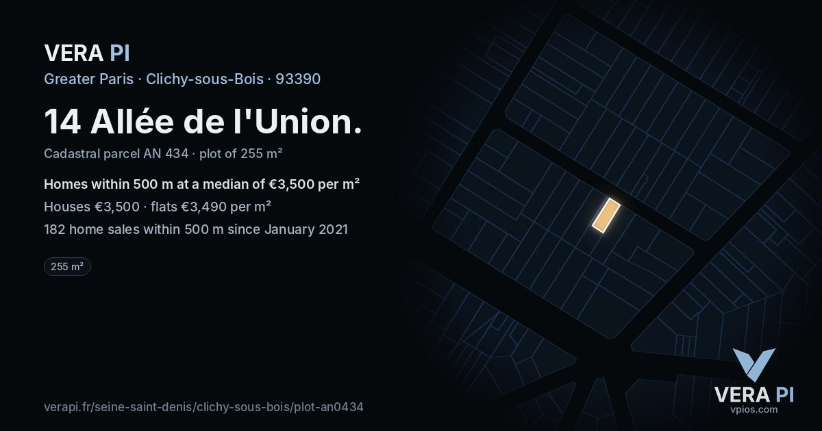 14 Allée de l'Union, Clichy-sous-Bois at night – the plot lit, the parcels around coloured by the prices near them