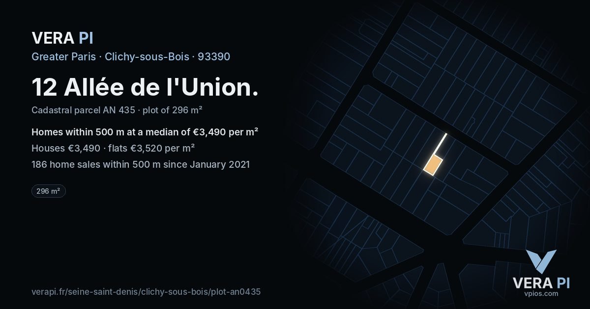 12 Allée de l'Union, Clichy-sous-Bois at night – the plot lit, the parcels around coloured by the prices near them