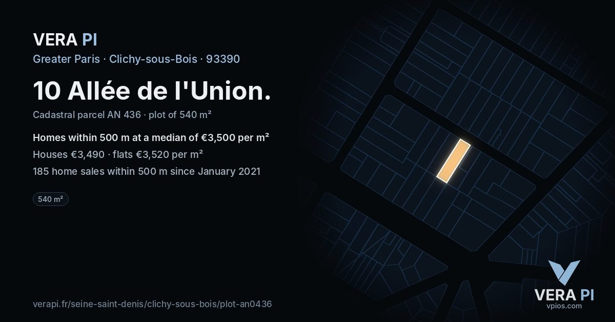 10 Allée de l'Union, Clichy-sous-Bois at night – the plot lit, the parcels around coloured by the prices near them