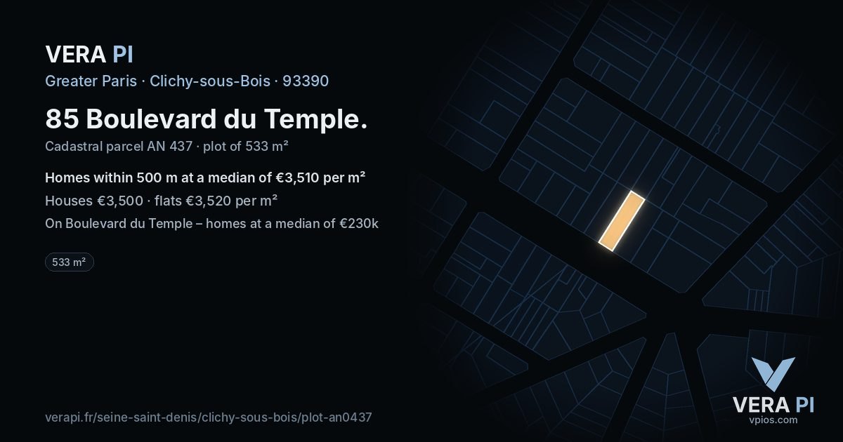 85 Boulevard du Temple, Clichy-sous-Bois at night – the plot lit, the parcels around coloured by the prices near them
