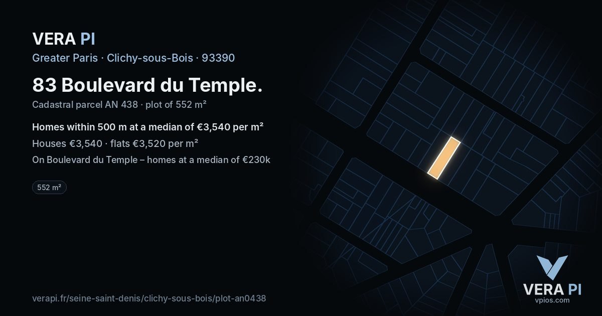 83 Boulevard du Temple, Clichy-sous-Bois at night – the plot lit, the parcels around coloured by the prices near them