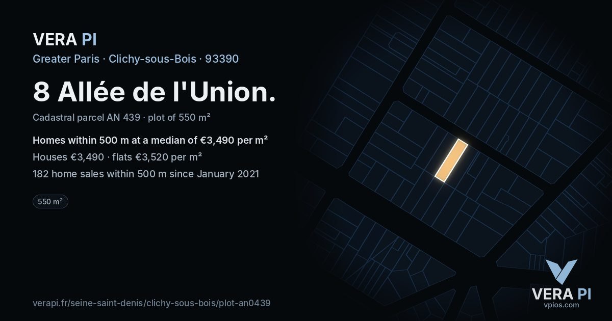 8 Allée de l'Union, Clichy-sous-Bois at night – the plot lit, the parcels around coloured by the prices near them