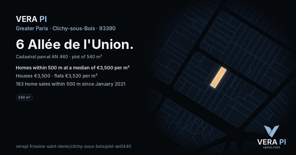 6 Allée de l'Union, Clichy-sous-Bois at night – the plot lit, the parcels around coloured by the prices near them