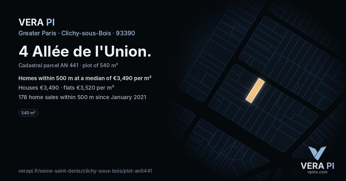 4 Allée de l'Union, Clichy-sous-Bois at night – the plot lit, the parcels around coloured by the prices near them