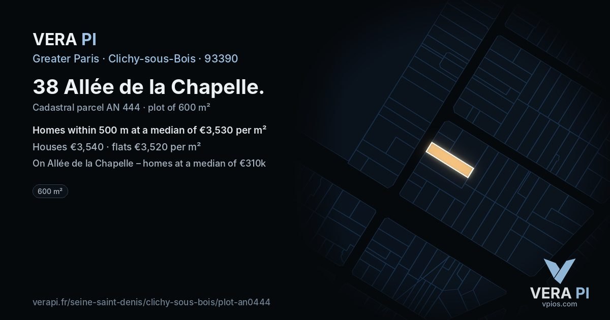 38 Allée de la Chapelle, Clichy-sous-Bois at night – the plot lit, the parcels around coloured by the prices near them