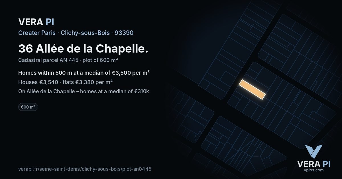 36 Allée de la Chapelle, Clichy-sous-Bois at night – the plot lit, the parcels around coloured by the prices near them