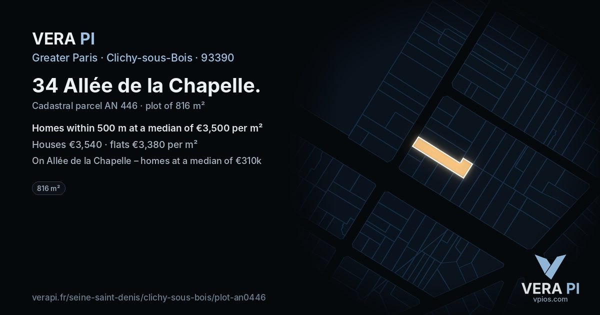 34 Allée de la Chapelle, Clichy-sous-Bois at night – the plot lit, the parcels around coloured by the prices near them