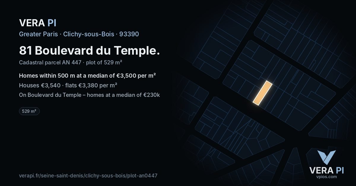 81 Boulevard du Temple, Clichy-sous-Bois at night – the plot lit, the parcels around coloured by the prices near them