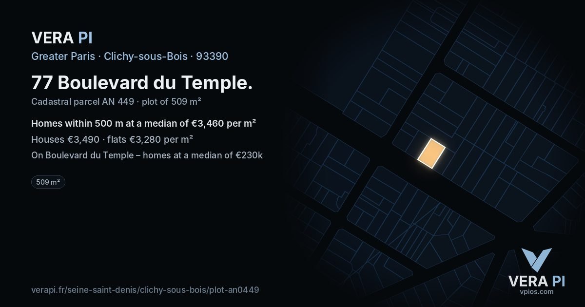 77 Boulevard du Temple, Clichy-sous-Bois at night – the plot lit, the parcels around coloured by the prices near them