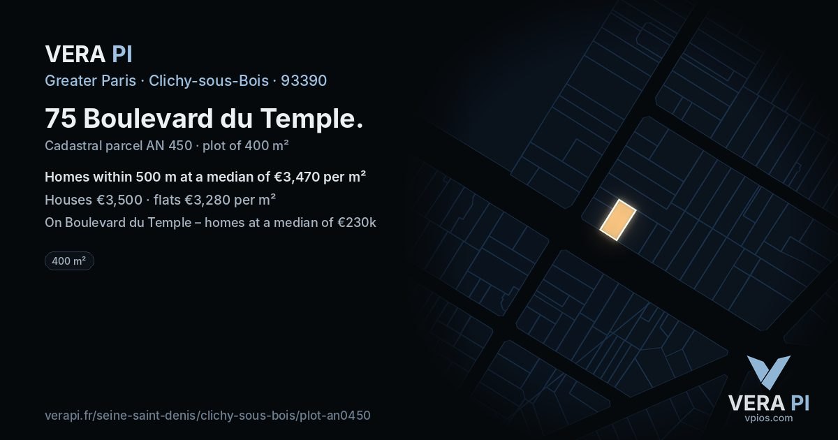 75 Boulevard du Temple, Clichy-sous-Bois at night – the plot lit, the parcels around coloured by the prices near them