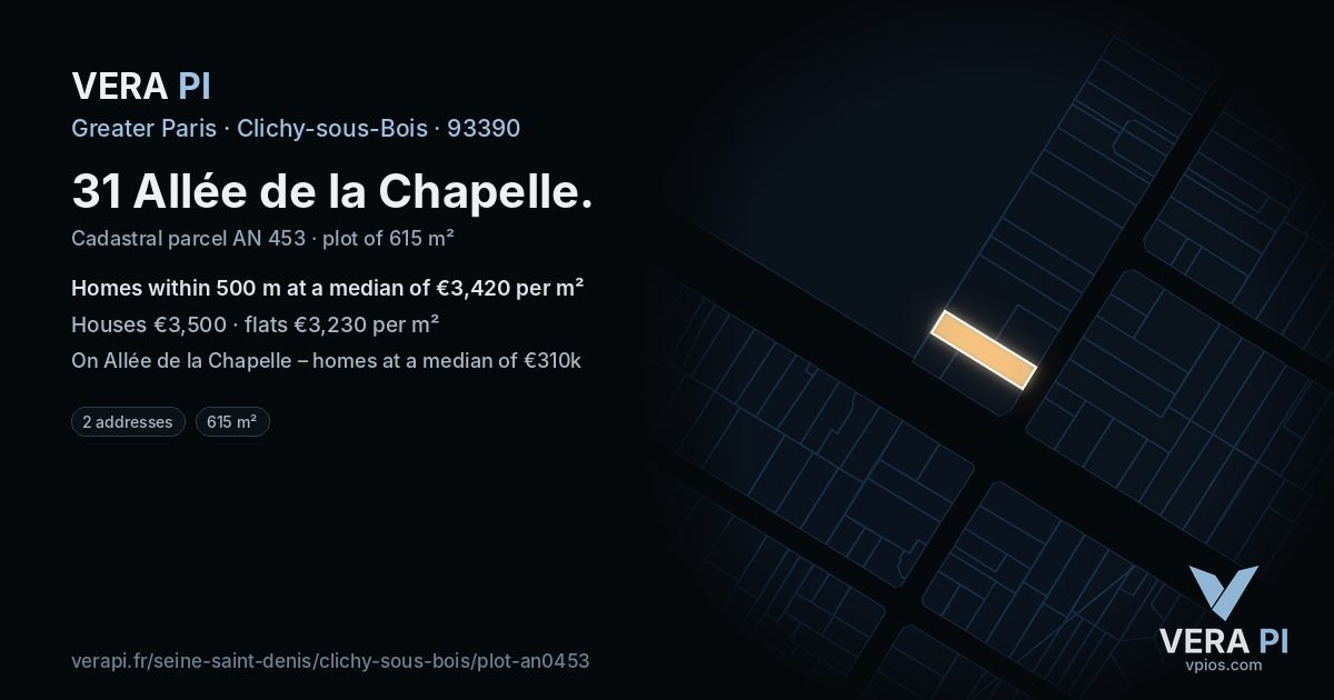 31 Allée de la Chapelle, Clichy-sous-Bois at night – the plot lit, the parcels around coloured by the prices near them
