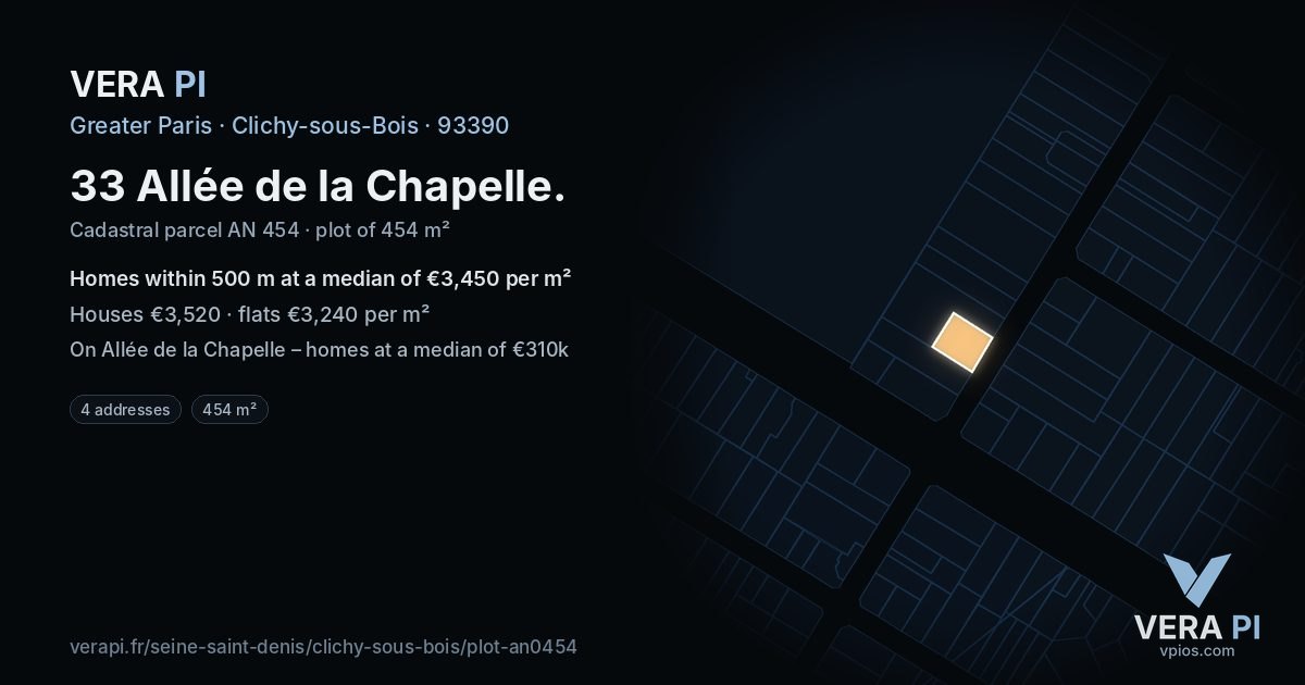 33 Allée de la Chapelle, Clichy-sous-Bois at night – the plot lit, the parcels around coloured by the prices near them