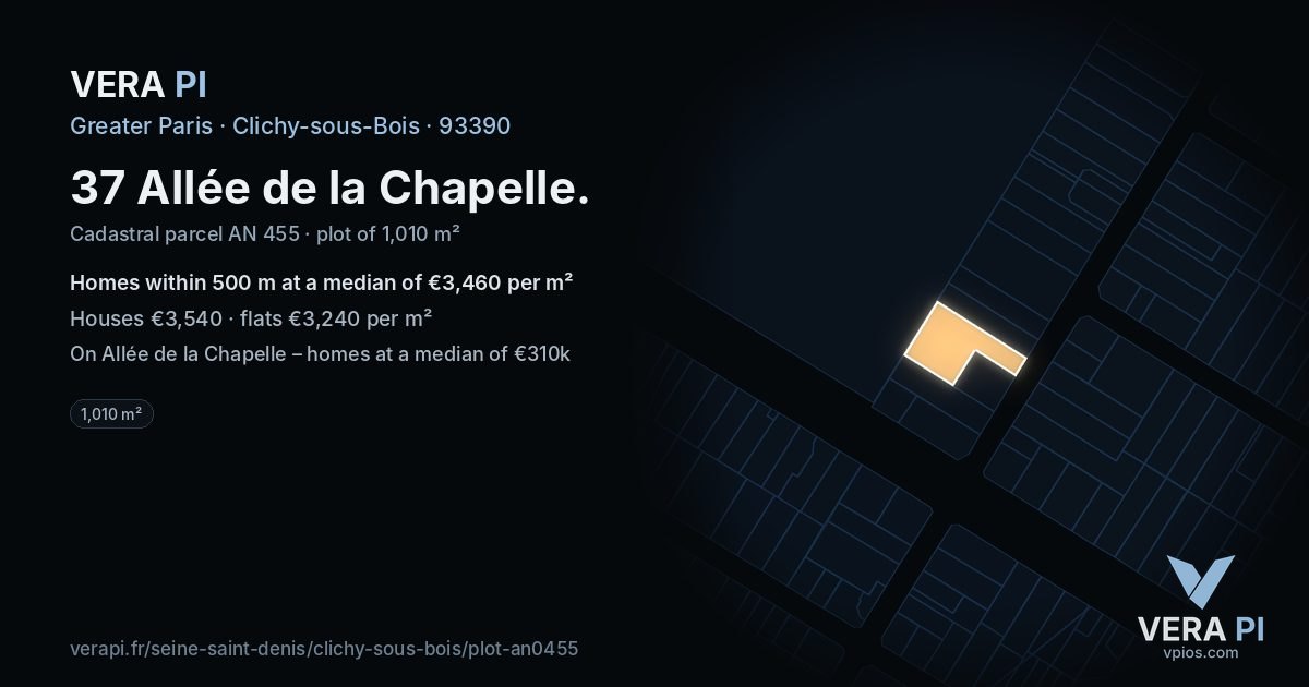 37 Allée de la Chapelle, Clichy-sous-Bois at night – the plot lit, the parcels around coloured by the prices near them