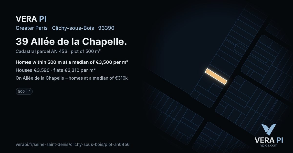 39 Allée de la Chapelle, Clichy-sous-Bois at night – the plot lit, the parcels around coloured by the prices near them