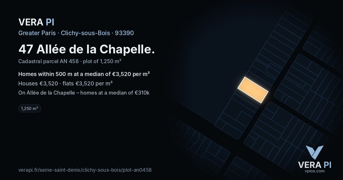 47 Allée de la Chapelle, Clichy-sous-Bois at night – the plot lit, the parcels around coloured by the prices near them