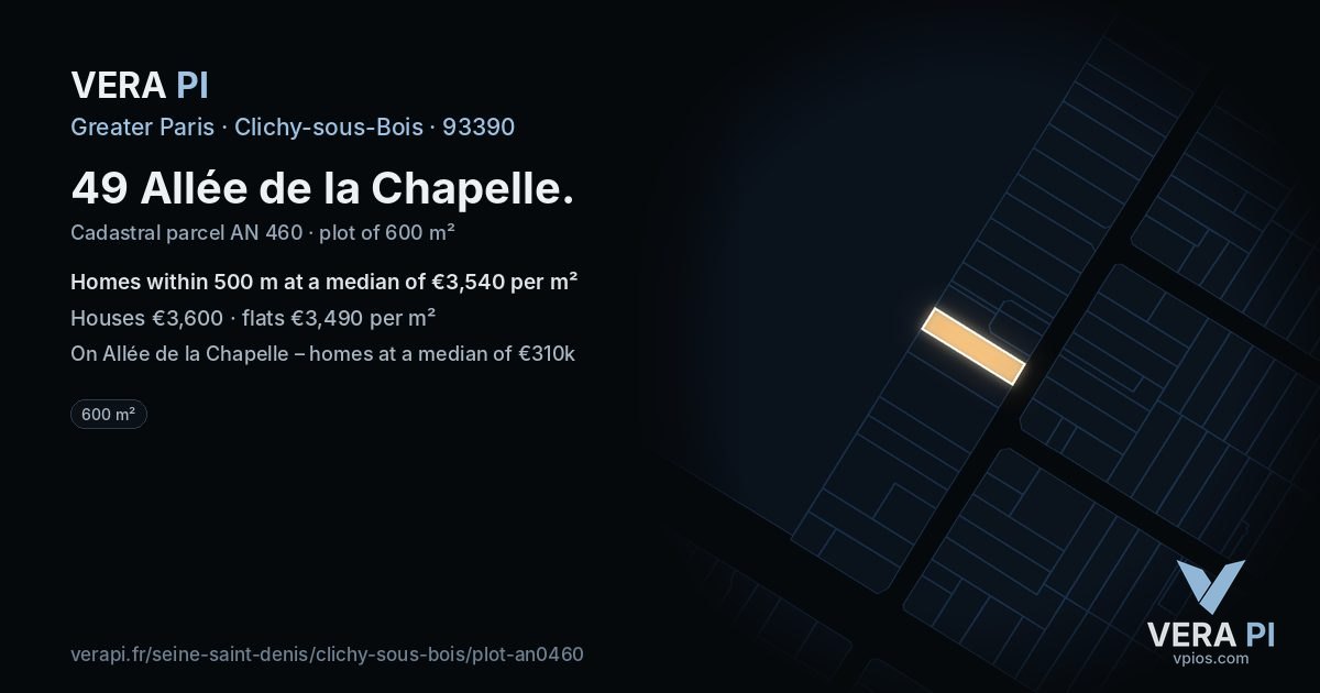 49 Allée de la Chapelle, Clichy-sous-Bois at night – the plot lit, the parcels around coloured by the prices near them