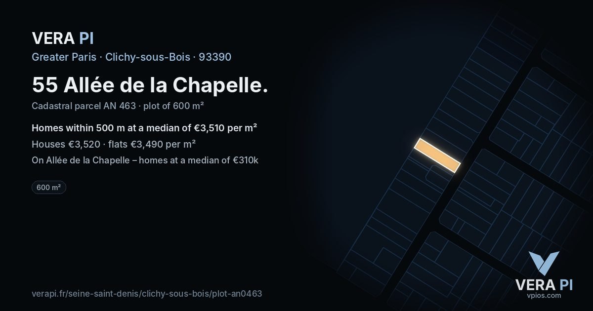 55 Allée de la Chapelle, Clichy-sous-Bois at night – the plot lit, the parcels around coloured by the prices near them