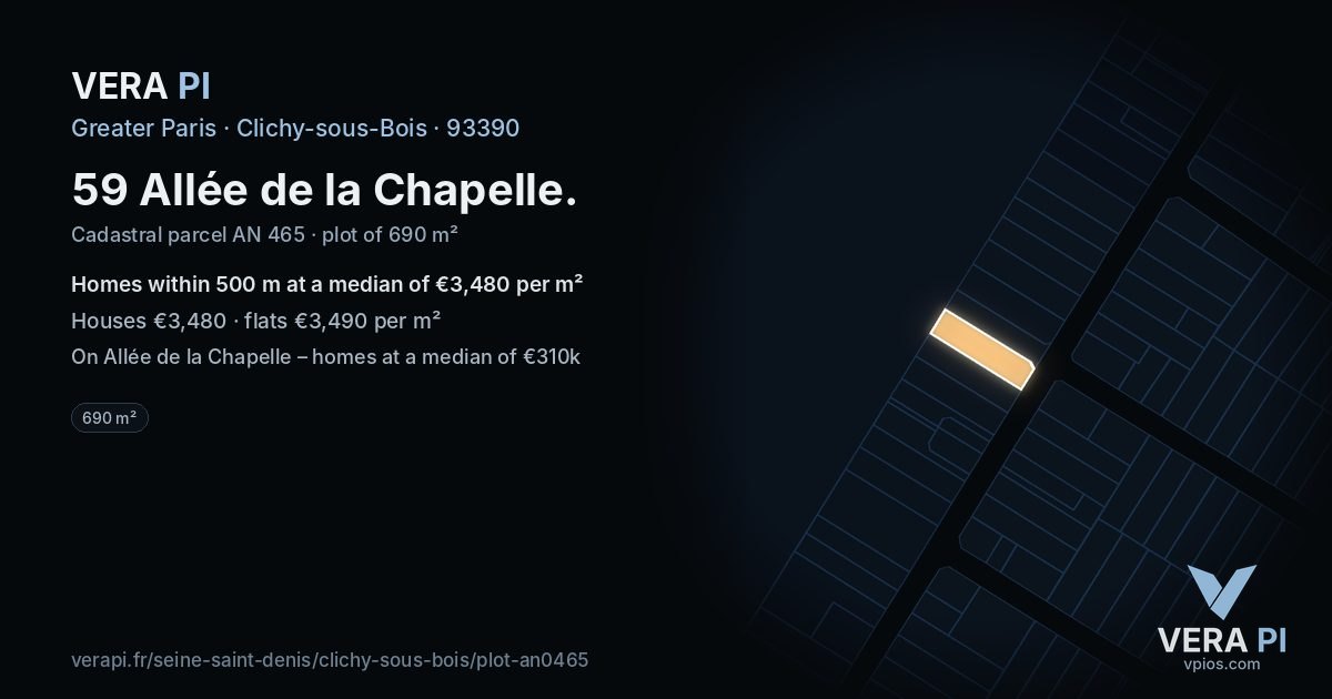 59 Allée de la Chapelle, Clichy-sous-Bois at night – the plot lit, the parcels around coloured by the prices near them