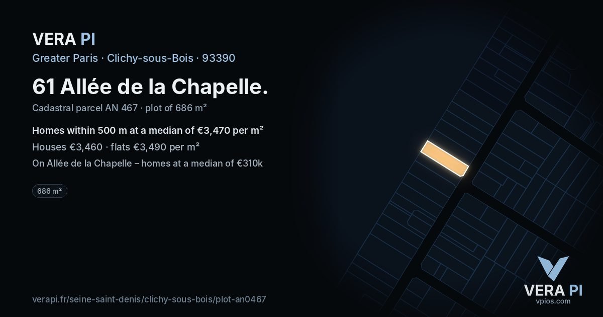 61 Allée de la Chapelle, Clichy-sous-Bois at night – the plot lit, the parcels around coloured by the prices near them