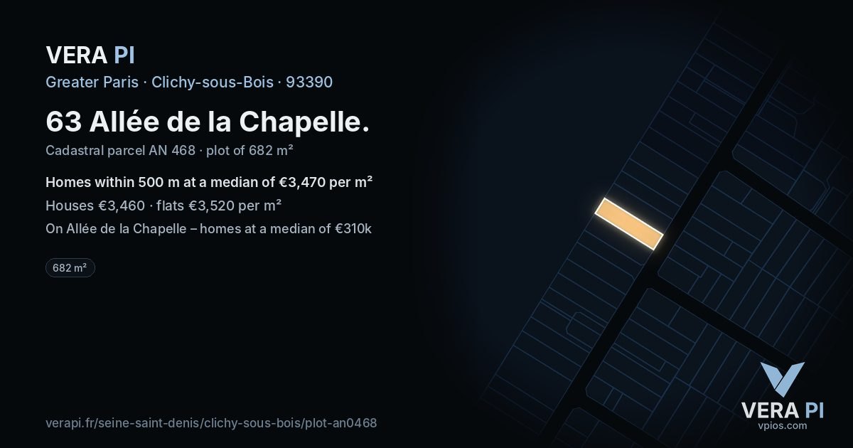 63 Allée de la Chapelle, Clichy-sous-Bois at night – the plot lit, the parcels around coloured by the prices near them