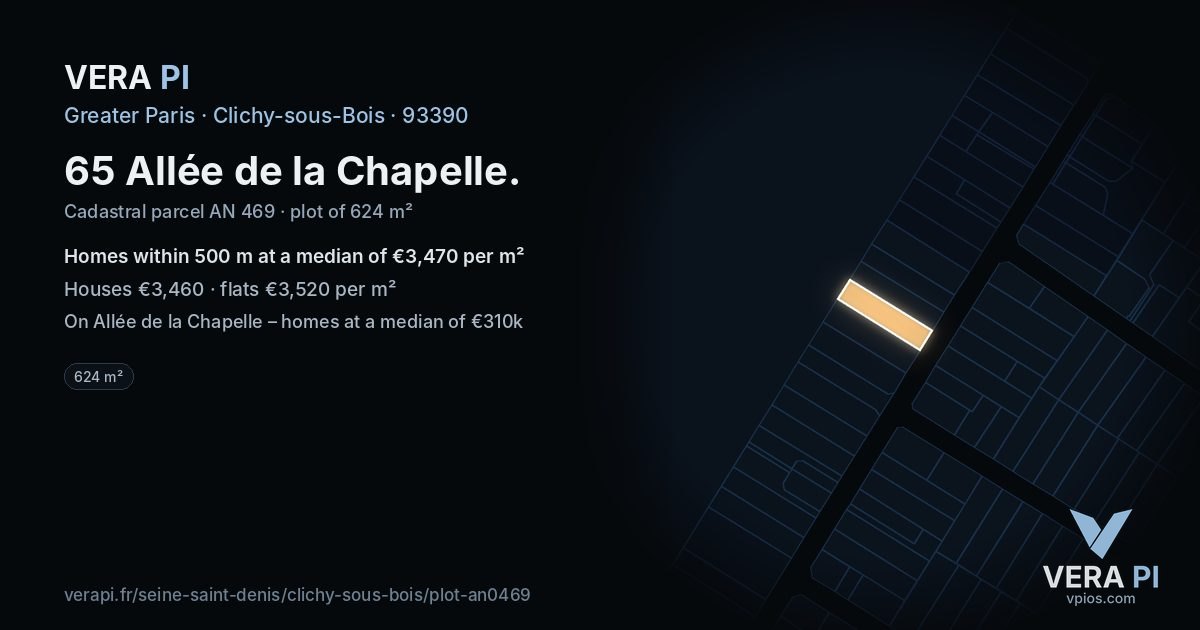 65 Allée de la Chapelle, Clichy-sous-Bois at night – the plot lit, the parcels around coloured by the prices near them