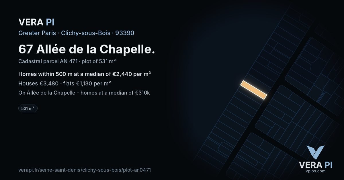 67 Allée de la Chapelle, Clichy-sous-Bois at night – the plot lit, the parcels around coloured by the prices near them