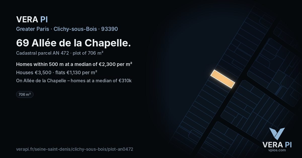69 Allée de la Chapelle, Clichy-sous-Bois at night – the plot lit, the parcels around coloured by the prices near them