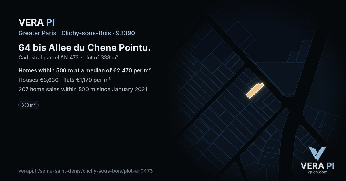 64 bis Allee du Chene Pointu, Clichy-sous-Bois at night – the plot lit, the parcels around coloured by the prices near them