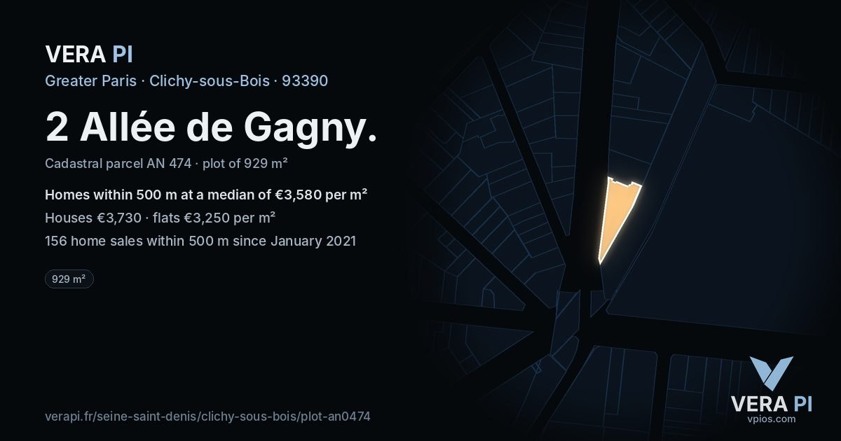 2 Allée de Gagny, Clichy-sous-Bois at night – the plot lit, the parcels around coloured by the prices near them