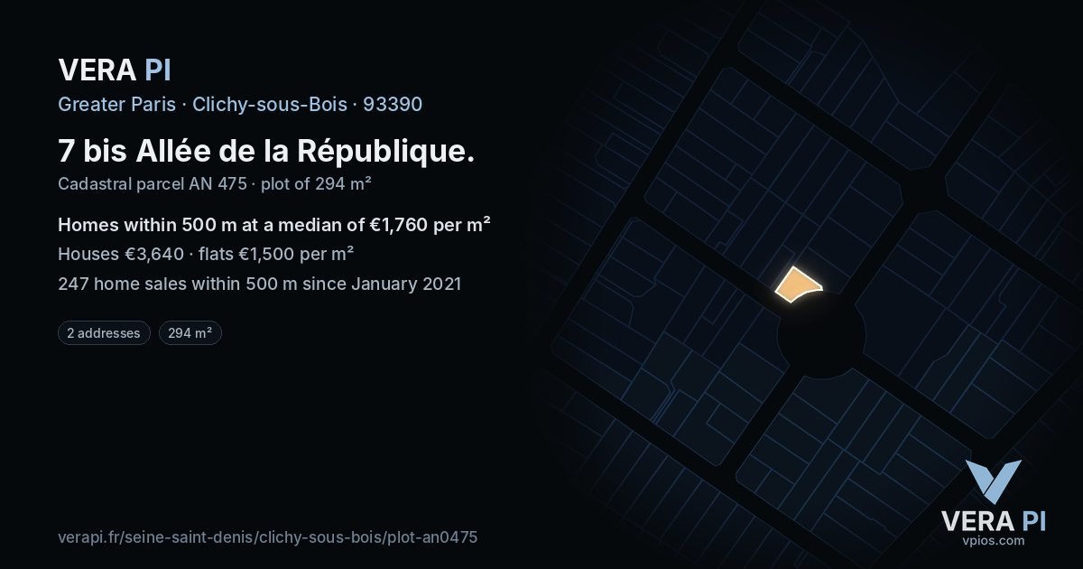 7 bis Allée de la République, Clichy-sous-Bois at night – the plot lit, the parcels around coloured by the prices near them