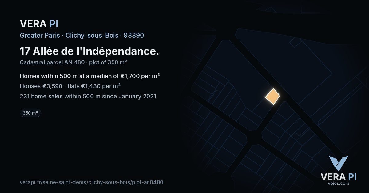17 Allée de l'Indépendance, Clichy-sous-Bois at night – the plot lit, the parcels around coloured by the prices near them