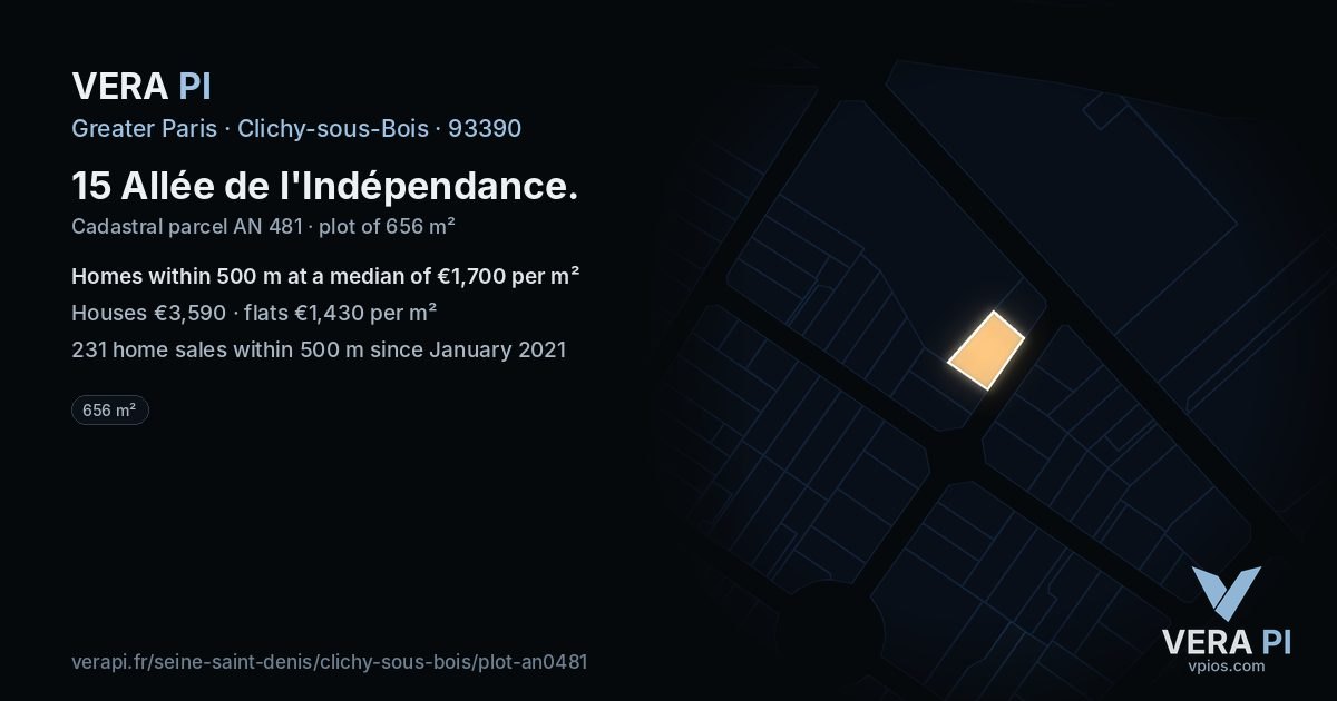 15 Allée de l'Indépendance, Clichy-sous-Bois at night – the plot lit, the parcels around coloured by the prices near them