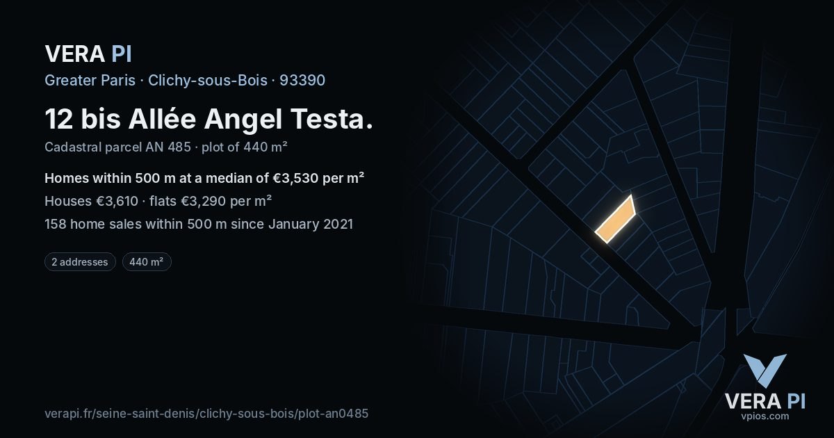 12 bis Allée Angel Testa, Clichy-sous-Bois at night – the plot lit, the parcels around coloured by the prices near them