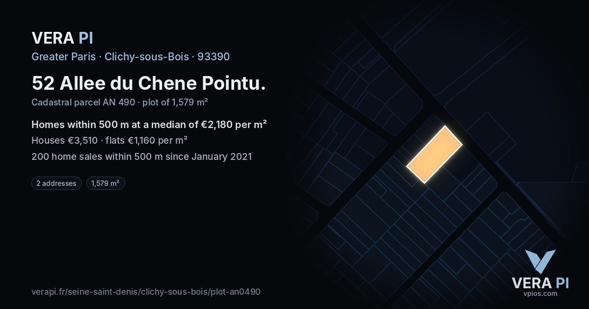 52 Allee du Chene Pointu, Clichy-sous-Bois at night – the plot lit, the parcels around coloured by the prices near them