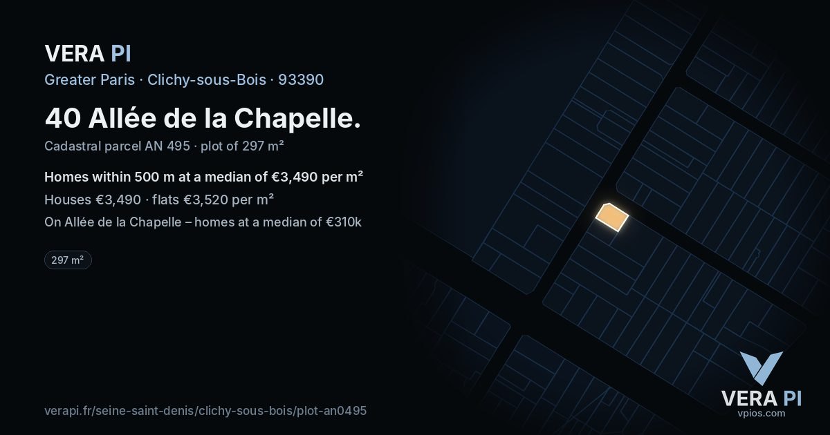 40 Allée de la Chapelle, Clichy-sous-Bois at night – the plot lit, the parcels around coloured by the prices near them
