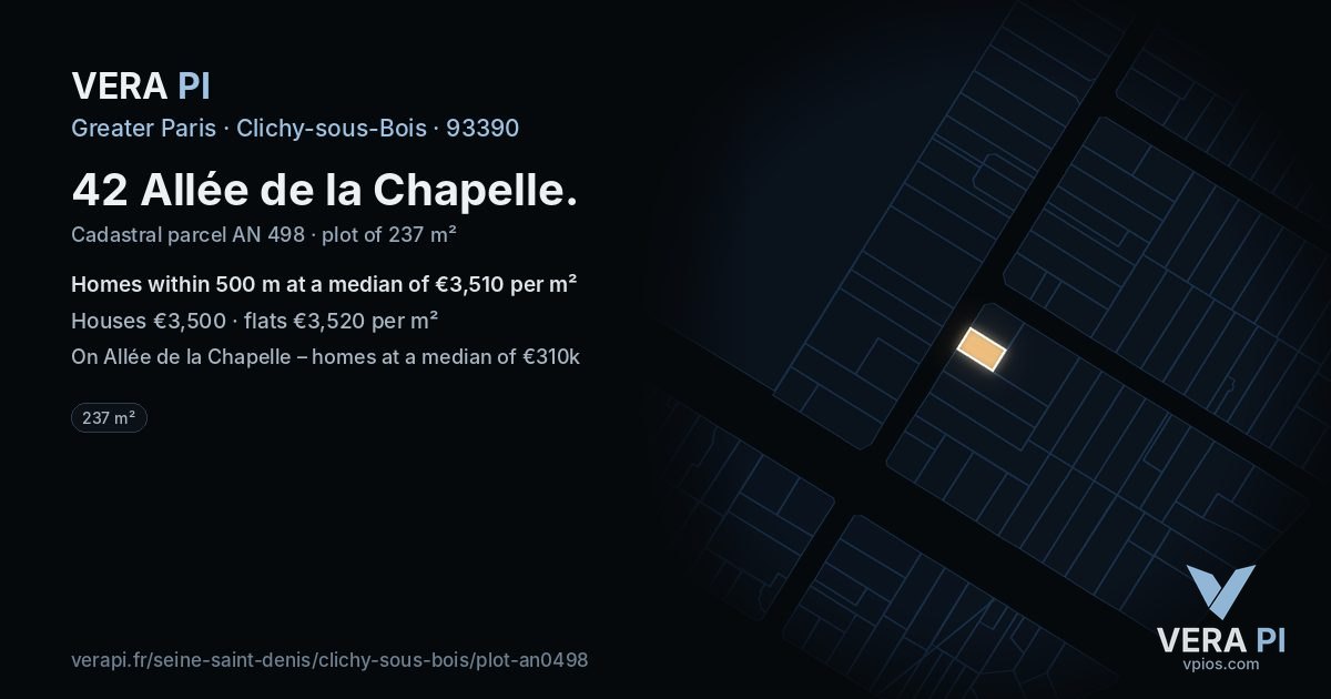 42 Allée de la Chapelle, Clichy-sous-Bois at night – the plot lit, the parcels around coloured by the prices near them