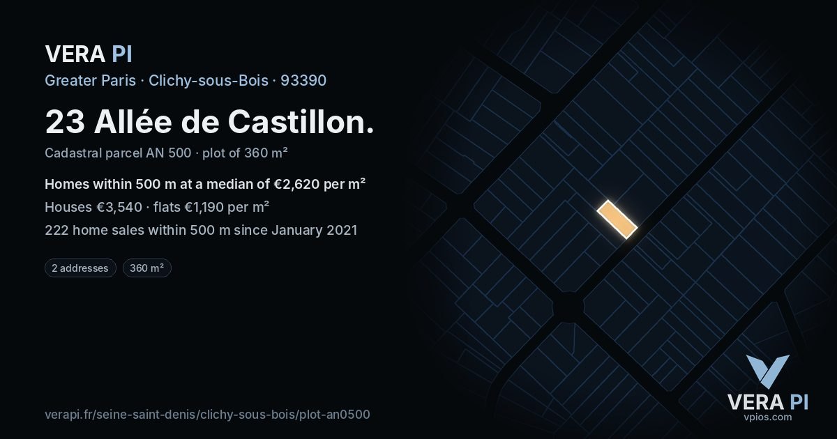 23 Allée de Castillon, Clichy-sous-Bois at night – the plot lit, the parcels around coloured by the prices near them