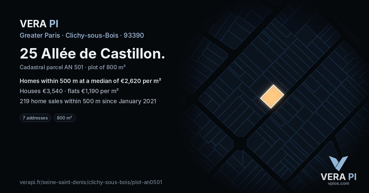 25 Allée de Castillon, Clichy-sous-Bois at night – the plot lit, the parcels around coloured by the prices near them
