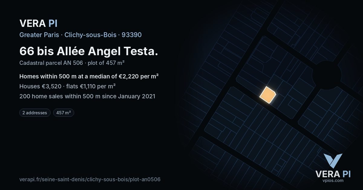 66 bis Allée Angel Testa, Clichy-sous-Bois at night – the plot lit, the parcels around coloured by the prices near them