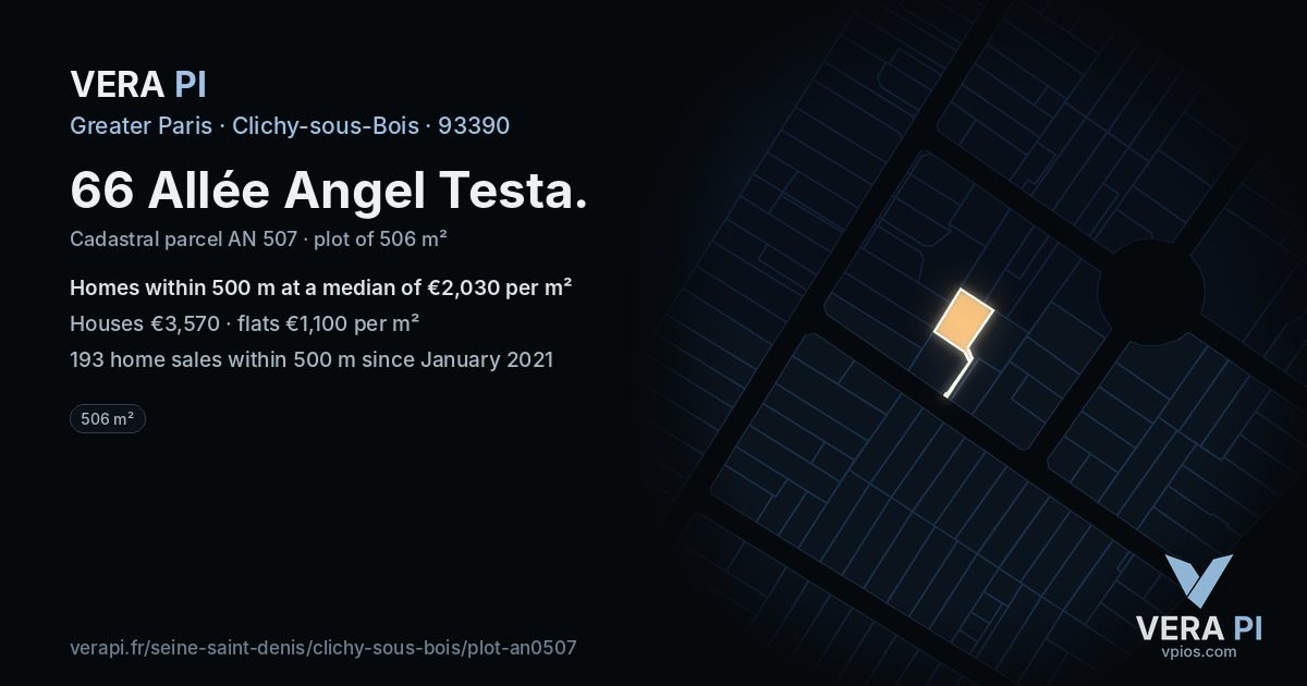 66 Allée Angel Testa, Clichy-sous-Bois at night – the plot lit, the parcels around coloured by the prices near them