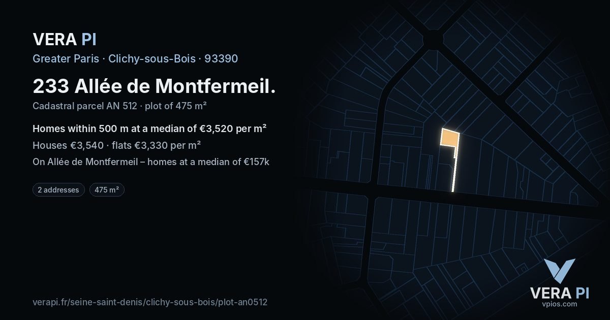 233 Allée de Montfermeil, Clichy-sous-Bois at night – the plot lit, the parcels around coloured by the prices near them