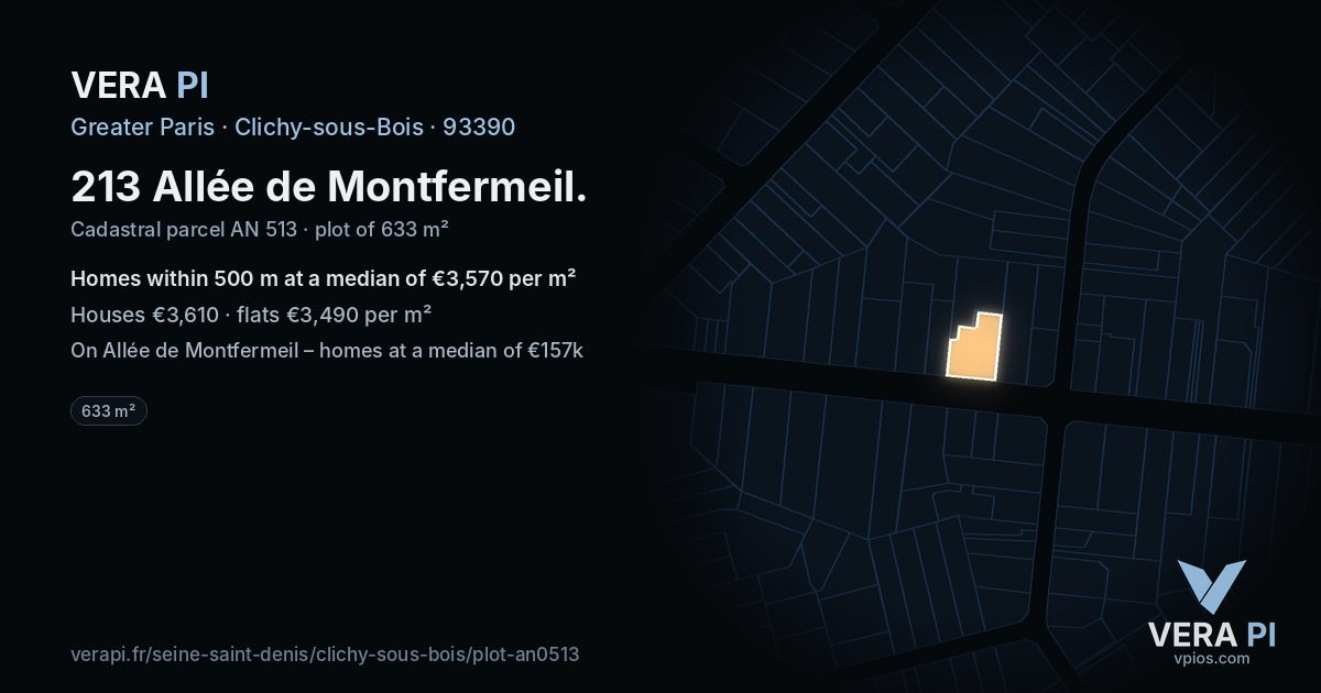 213 Allée de Montfermeil, Clichy-sous-Bois at night – the plot lit, the parcels around coloured by the prices near them