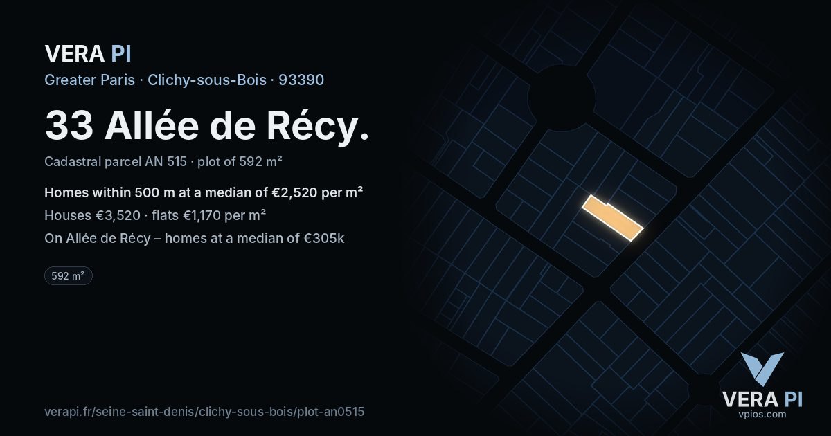 33 Allée de Récy, Clichy-sous-Bois at night – the plot lit, the parcels around coloured by the prices near them
