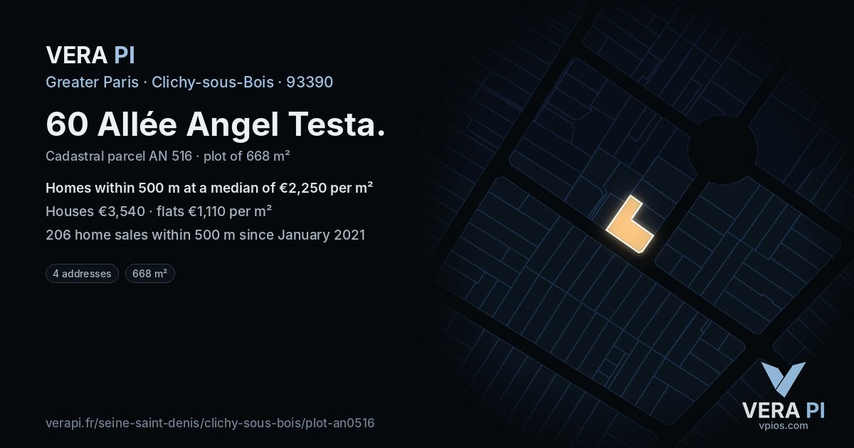 60 Allée Angel Testa, Clichy-sous-Bois at night – the plot lit, the parcels around coloured by the prices near them