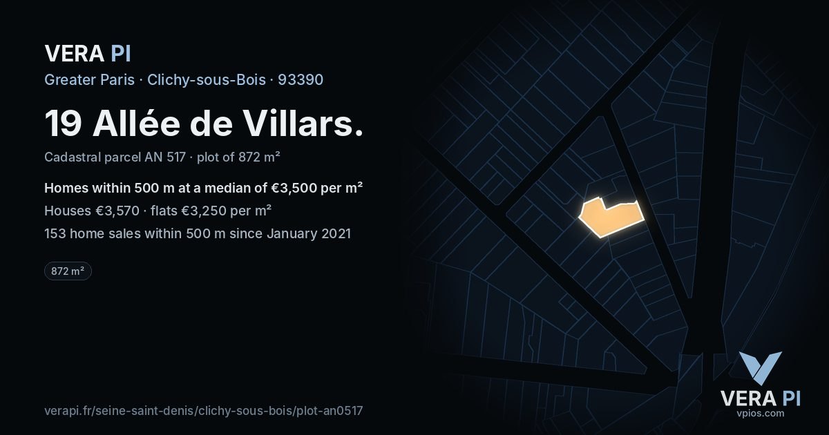 19 Allée de Villars, Clichy-sous-Bois at night – the plot lit, the parcels around coloured by the prices near them
