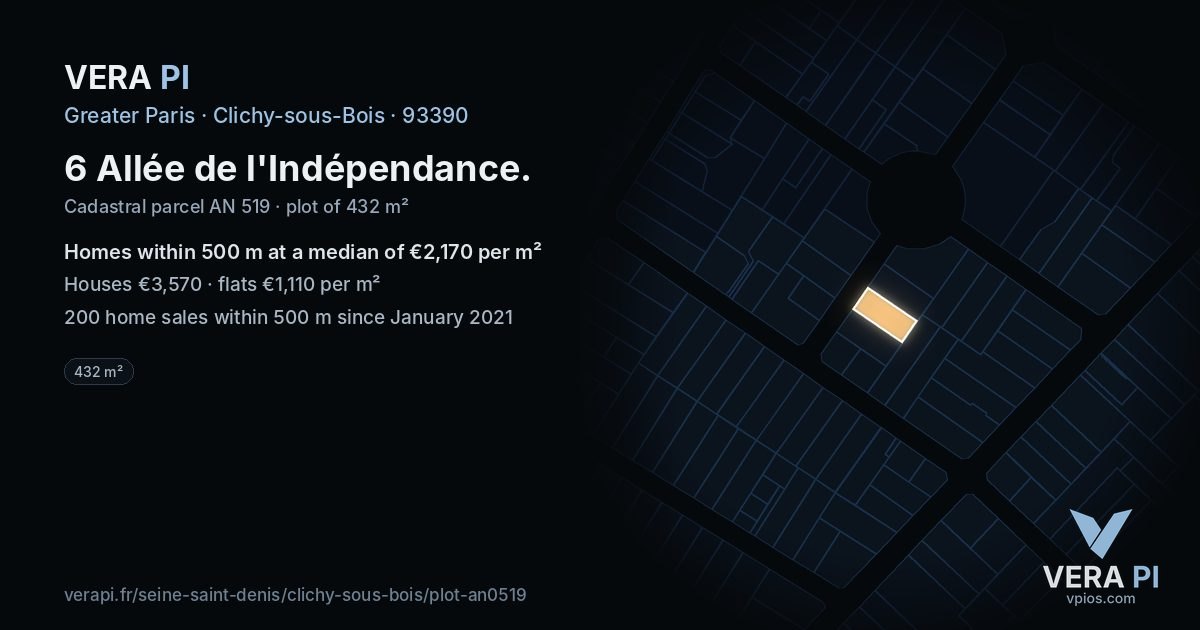 6 Allée de l'Indépendance, Clichy-sous-Bois at night – the plot lit, the parcels around coloured by the prices near them