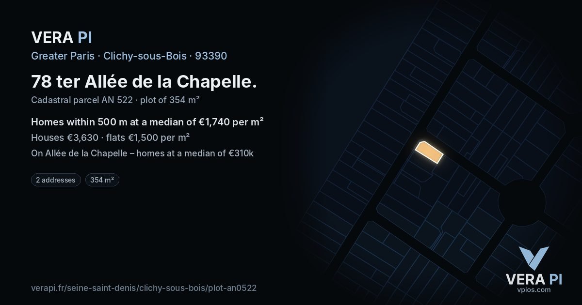 78 ter Allée de la Chapelle, Clichy-sous-Bois at night – the plot lit, the parcels around coloured by the prices near them
