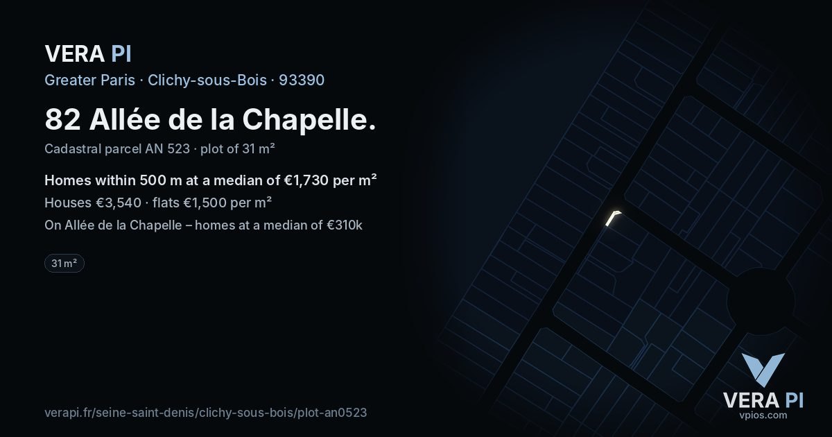 82 Allée de la Chapelle, Clichy-sous-Bois at night – the plot lit, the parcels around coloured by the prices near them