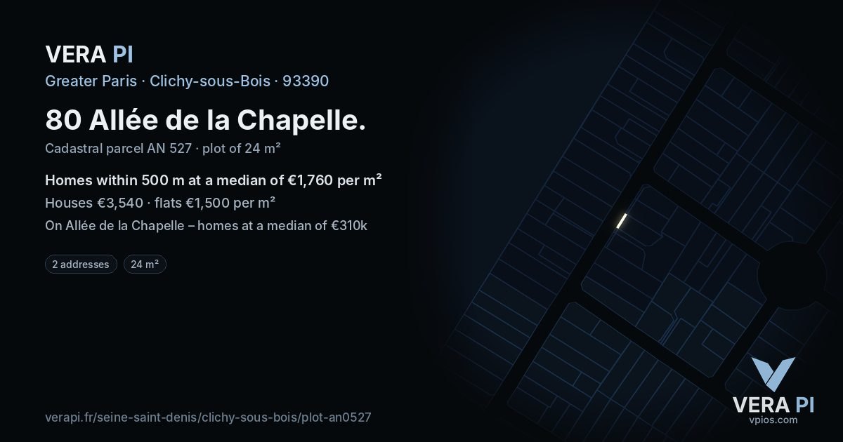 80 Allée de la Chapelle, Clichy-sous-Bois at night – the plot lit, the parcels around coloured by the prices near them